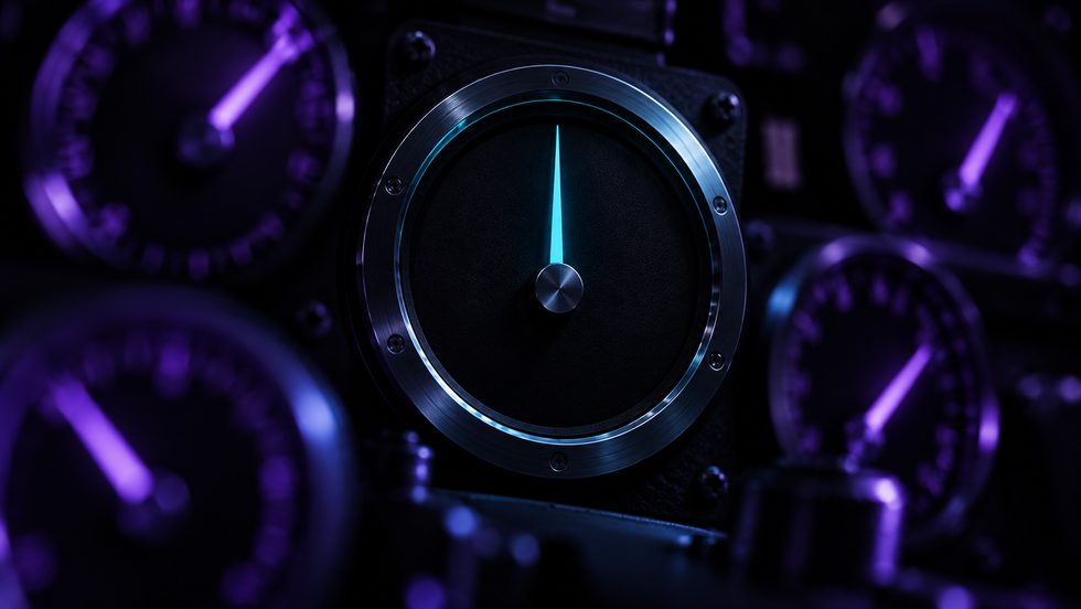 A single aircraft gauge in sharp focus, its needle steady and centred, lit cyan. Every other gauge around it is out of focus and glowing violet.