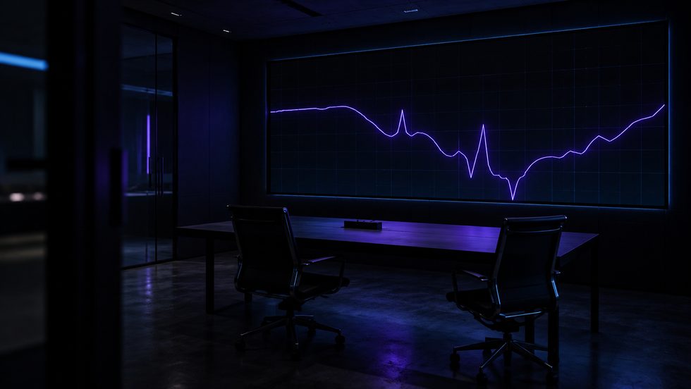 An empty debriefing room, two chairs at a long table, a wall screen showing one violet line traced across a dark grid with several sharp deviations.