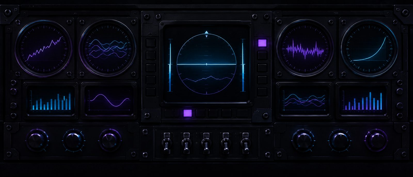 A dark instrument panel photographed flat-on, its dials and readouts replaced by latency curves, waveforms and status tiles in violet and cyan.