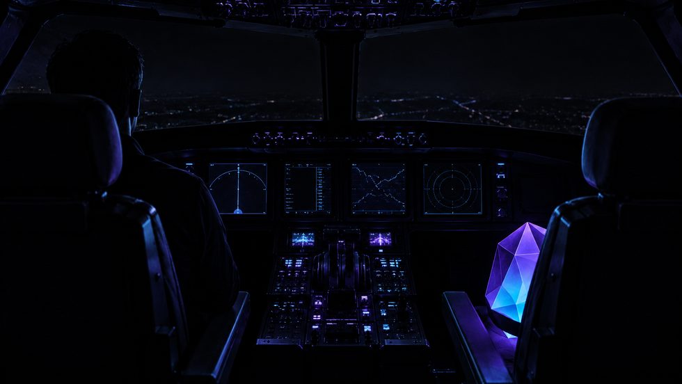 A darkened cockpit at night seen from behind two seats. A person sits in the pilot's seat; the other seat holds a faceted mass of violet and cyan light.